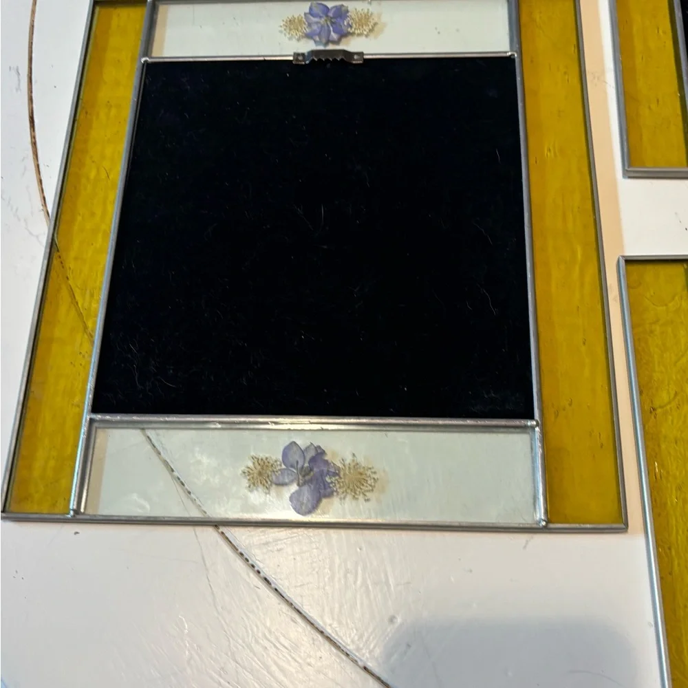 Elegant vintage Yellow and pressed flower Wall Mirror Set. Rare find!